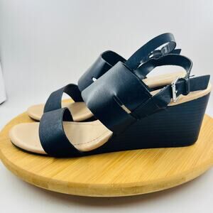 Dexflex Comfort Black Faux Leather Minimalist Wedge Sandals Size 9 Ankle Strap